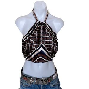 Brown Geometric Scarf Halter Top Crop One Size Festival Handcrafted Unique NEW
